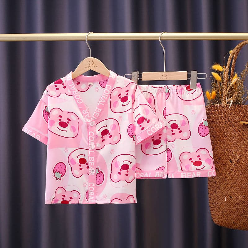 Summer Children's Short Sleeve Pajamas Ice Silk Boys Baby Cute Little Girls Thin Cartoon Air Conditioning Homewear Set
