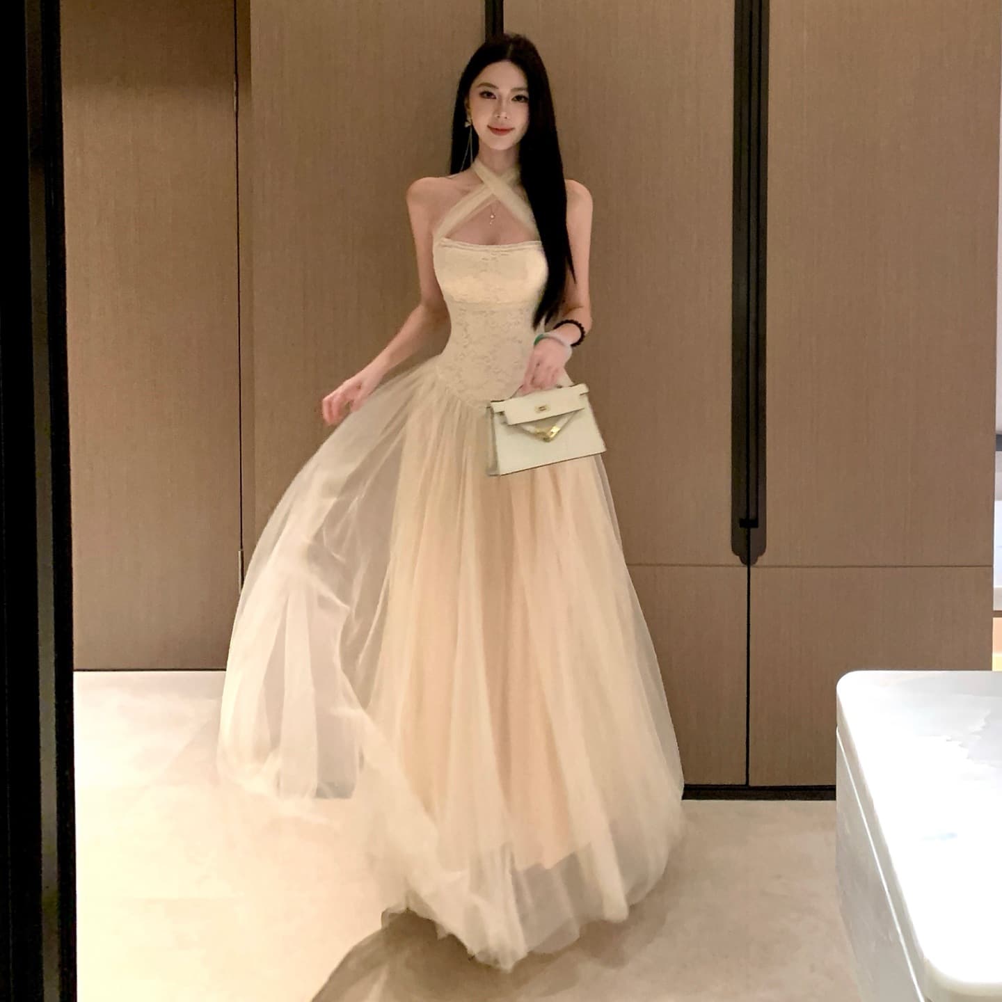 White Mesh Strapless Halter Dress for Women Summer Beach Vacation Style Stunning Waist-Cinching Birthday Gown Long Dress