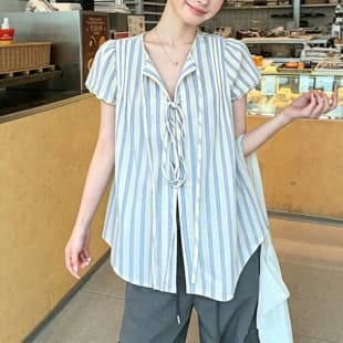 Korean Style Super Pretty Tie Blouse for Women 2026 Summer New Refreshing Striped Rolled Hem Short Sleeve Shirt Top
