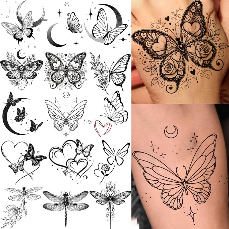Cross-border New Butterfly Crescent Series Tattoo Stickers for Hand Back Tattoo Shein Amazon Tattoo