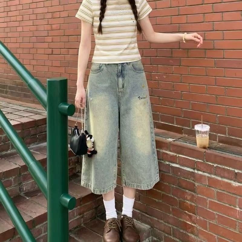 American Retro Loose Wide-Leg Capri Jeans for Women Summer Hot Girl High-Waist Slimming Star Embroidery Straight-Leg Pants