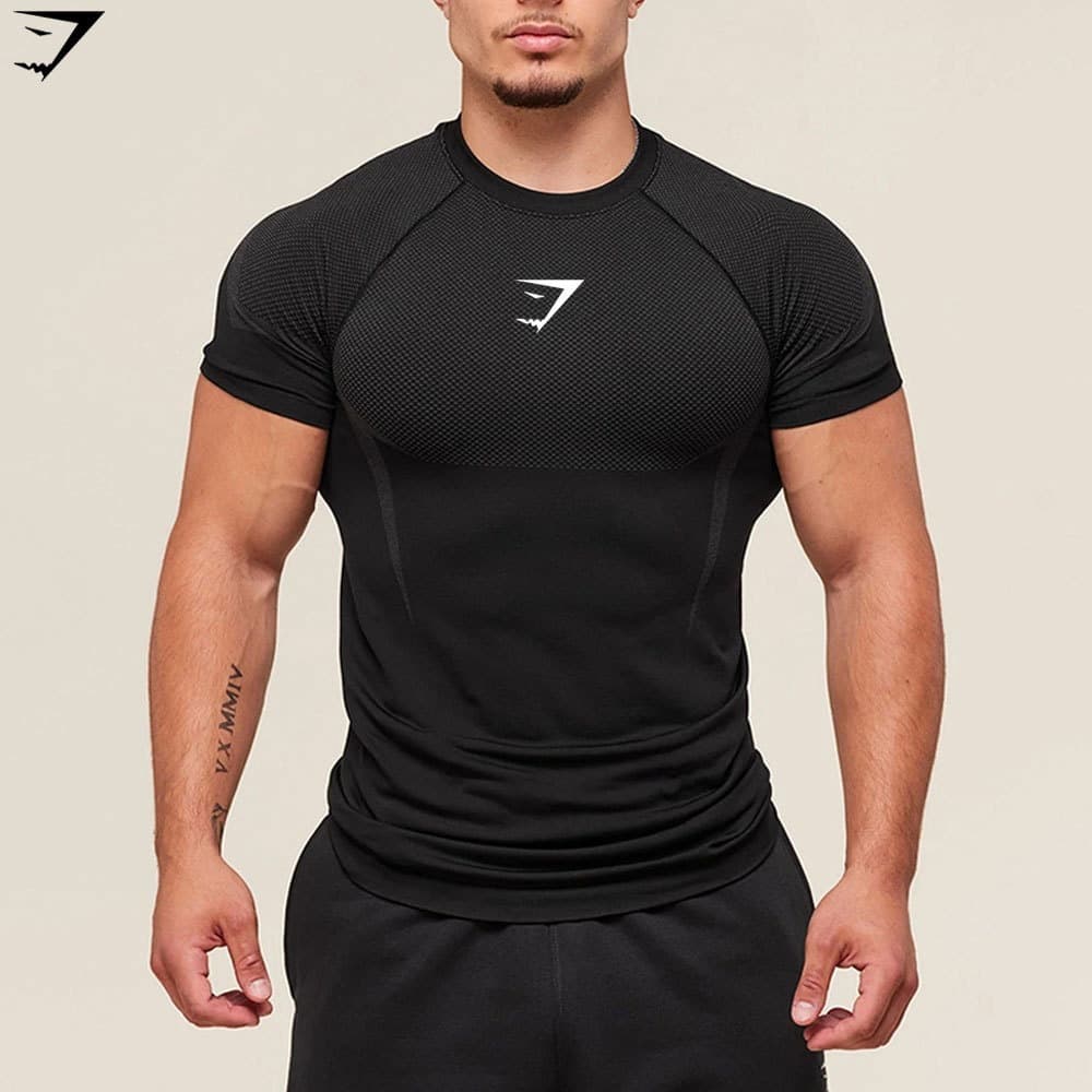 New Source Factory GYMSHARK Men's Running Quick-Dry Breathable Compression Short-Sleeve T-Shirt for Muscle Fit