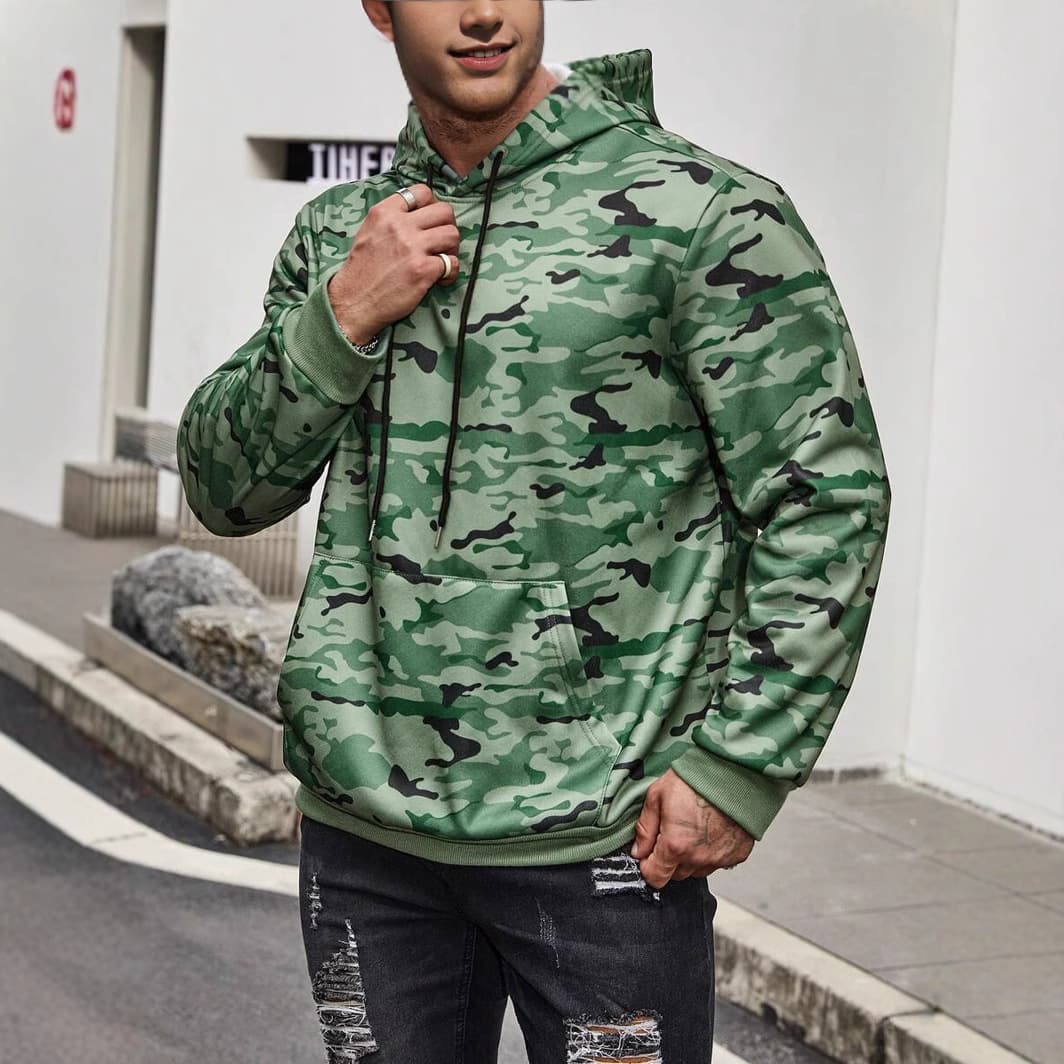 2024 Hot Selling Military Green Camouflage 3D Printing Men's High Street European Size Versatile Hooded Sweatshirt Factory Direct Sales