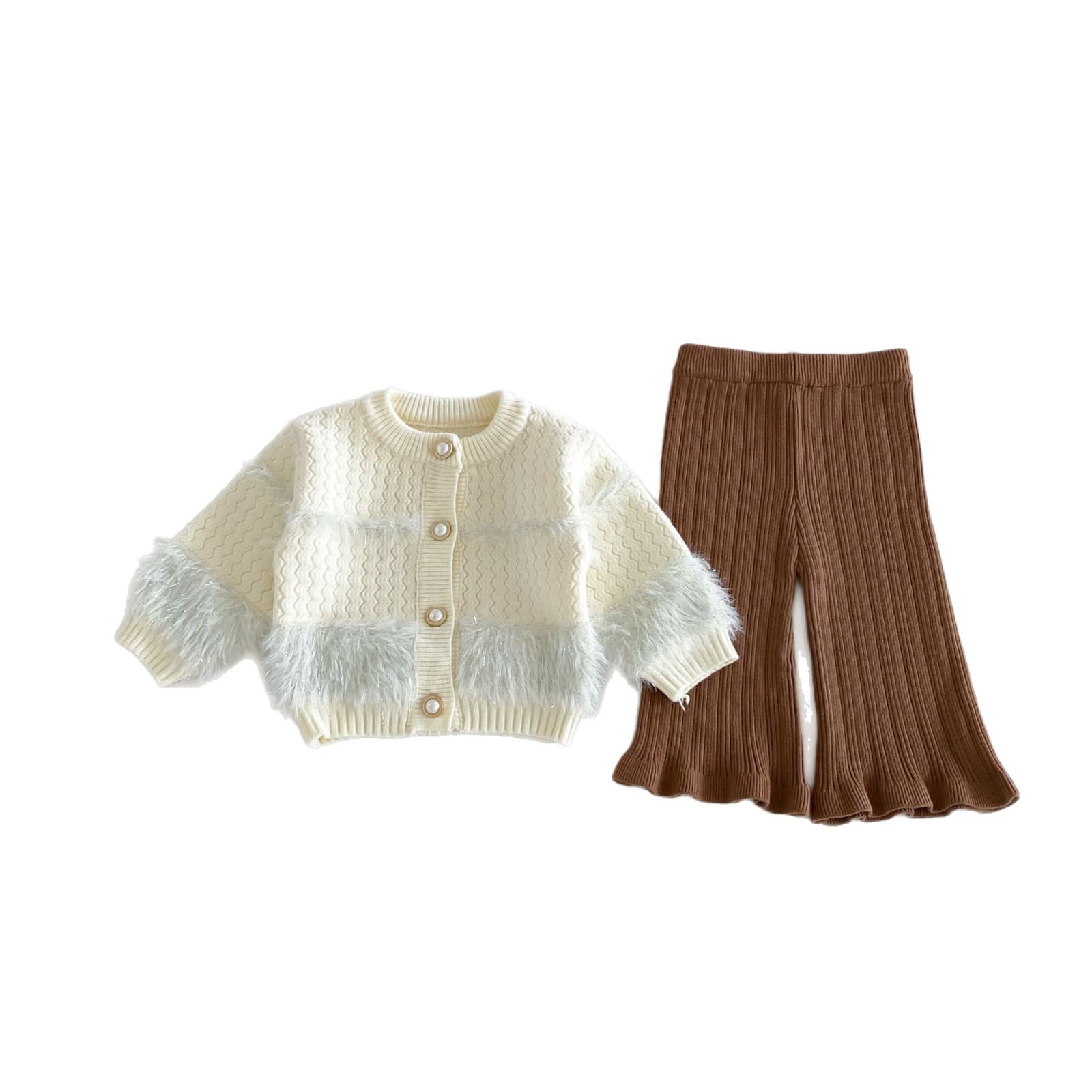2026 Autumn/Winter New Baby Fleece Set Girls Solid Color Tassel Knit Top and Pants Two-Piece Set