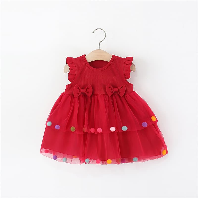 Girls' dress, colorful pom-pom vest, fresh princess dress, summer new style children's clothing, dropshipping, trendy.