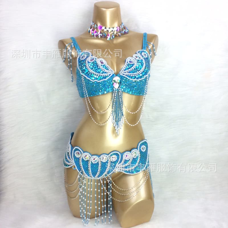 Factory wholesale beaded embroidery sequin belly dance bra waist belt set, stage performance group performance costume for women