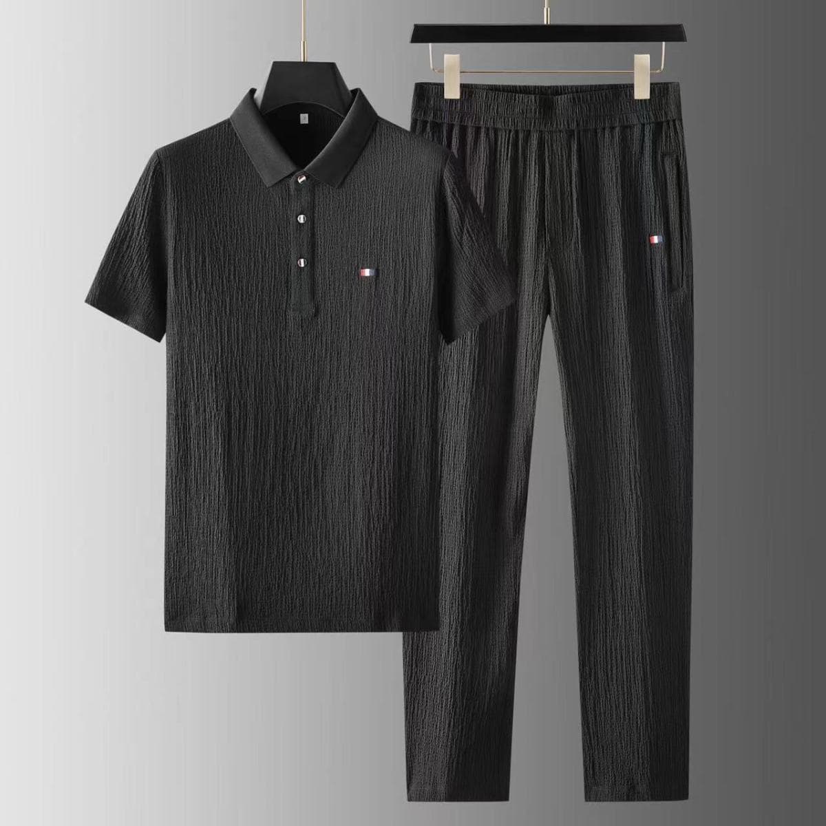 Summer Men's Casual Thin Collar Two-Piece Suit Full Set Fashionable Lightweight Breathable Comfortable Male Clothing Ensemble
