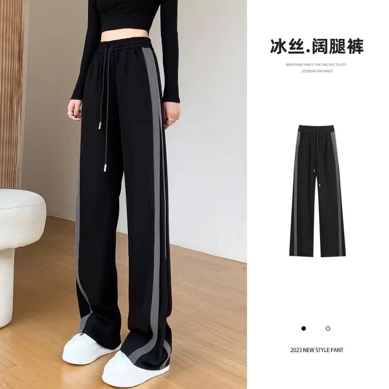 Ice silk black wide-leg pants for women with contrasting color stitching thin high-waisted straight pants sports casual pants for women in summer