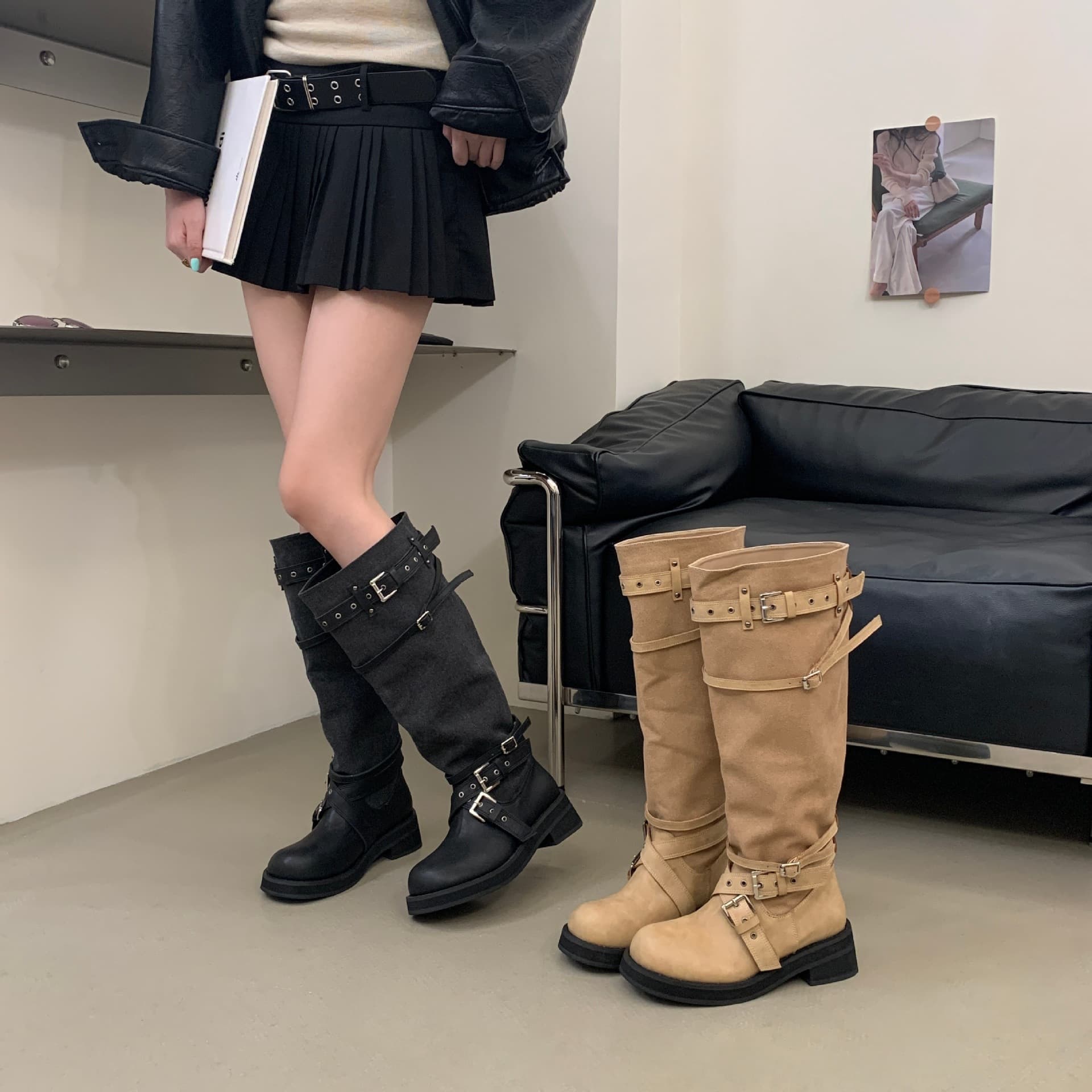 [Tax not included] 2026 new retro style belt buckle knight boots women's high motorcycle boots western cowboy boots