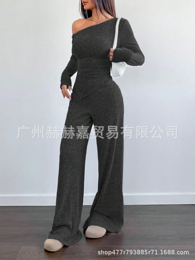 2025 Solid Color Simple Off-Shoulder Women's New Elegant European and American Casual Long Sleeve Pants Two-Piece Set