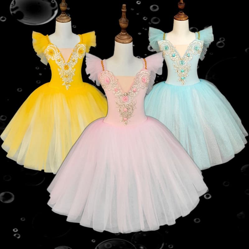Children's Performance Ballet Tutu Dress with Sleeves, Princess Dress for Exam and Dance Training, Bodywear