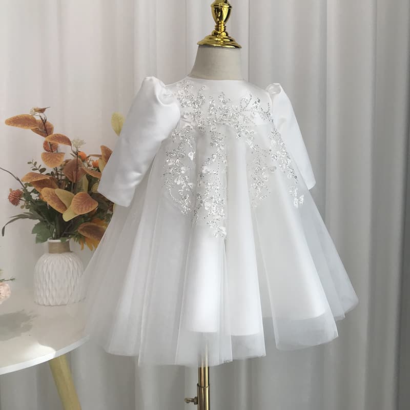 Banquet baby one-year-old dress, Korean style high-waisted dress, birthday wedding dress, fashionable flower girl princess dress, puffy long sleeves