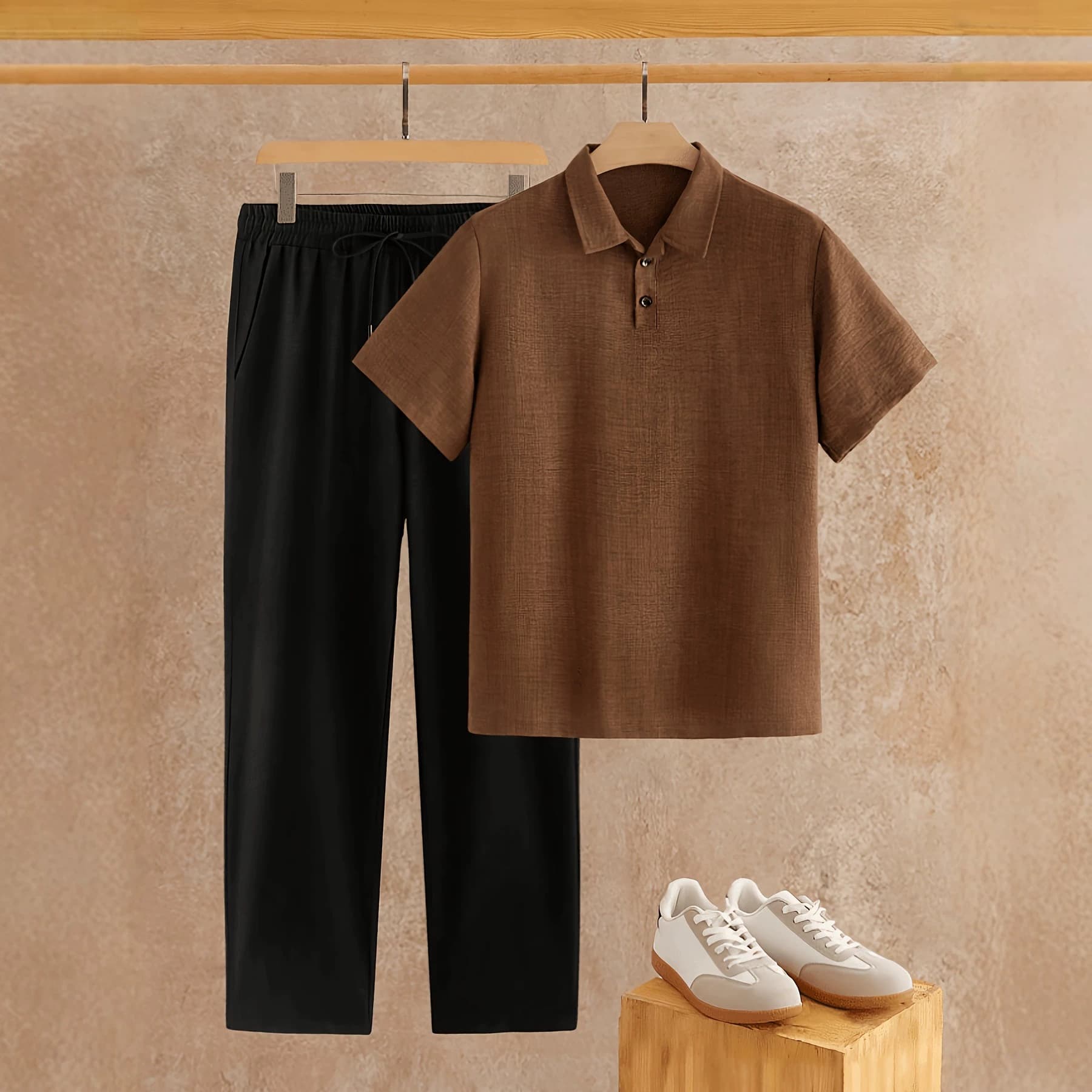 Summer Men's Linen Texture Set: Short Sleeve Polo Shirt + Casual Pants, Versatile Business Two-Piece Set
