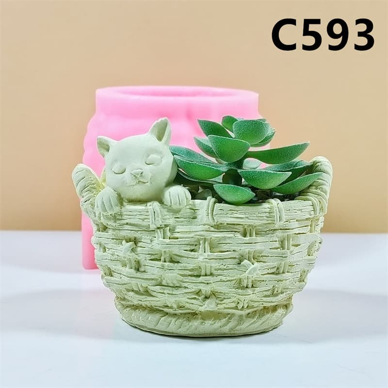 Cat Succulent Pot Silicone Mold DIY Handmade Plaster Potted Plant Desktop 3D Decoration C593