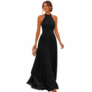 Amazon Women's Elegant Halter Neck Formal Evening Dress Pleated Sequins Banquet Dress Fashion Slim Fit