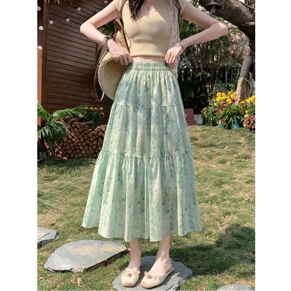[Lined] 2025 Summer Flowy High-Waist A-Line Flattering Layered Maxi Skirt for Women, Floral Japanese Style Long Skirt