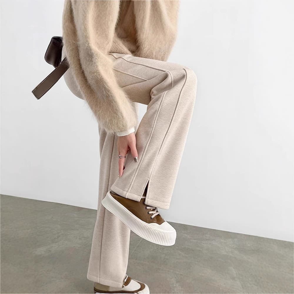 Herringbone pattern plus velvet wide-leg pants for women autumn and winter 2025 new casual slit pants straight slim narrow version banana pants