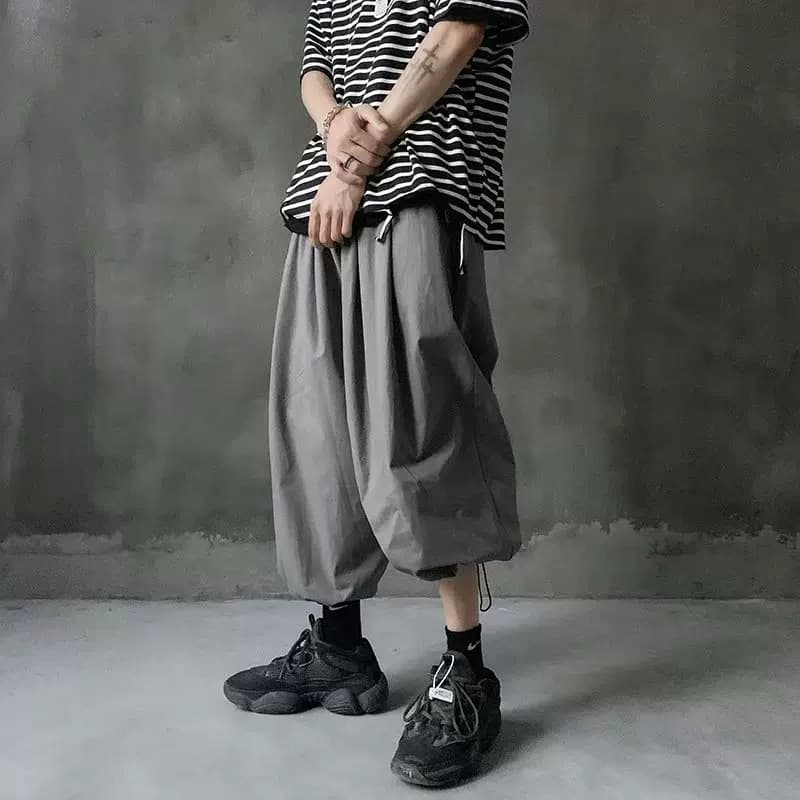 Japanese Dark Style Drawstring Jogger Pants for Men, Summer Draped Wide-Leg Pants, Loose Fit Plus Size Sweatpants, Carrot Balloon Pants