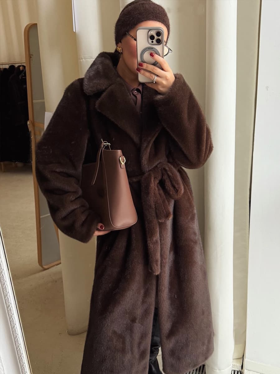 Cross-border Women's Belted Thick Warm Faux Fur Coat Eco-friendly Mink-like Faux Fur Long Coat