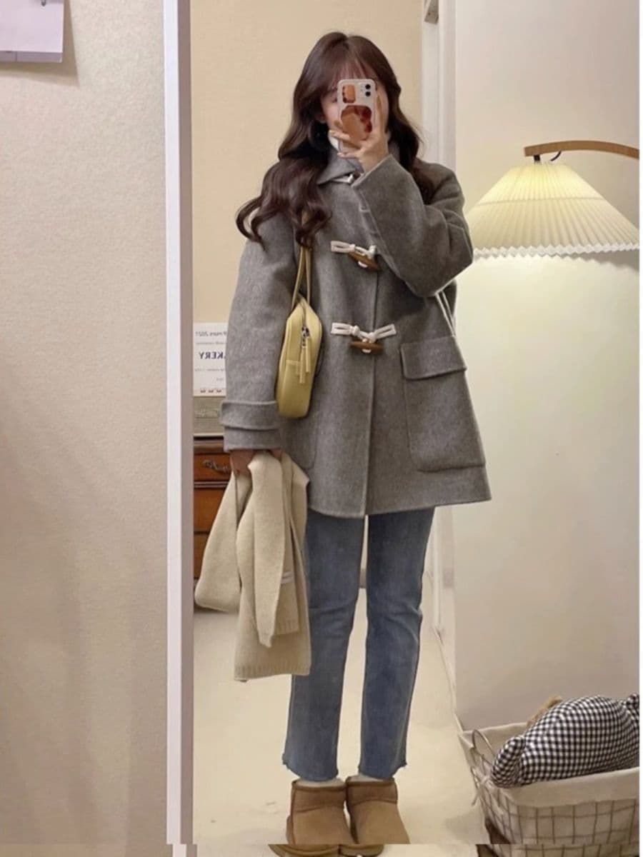 Horn Button Grey Wool Coat Women's Autumn/Winter New Style Wool Jacket Petite Thickened