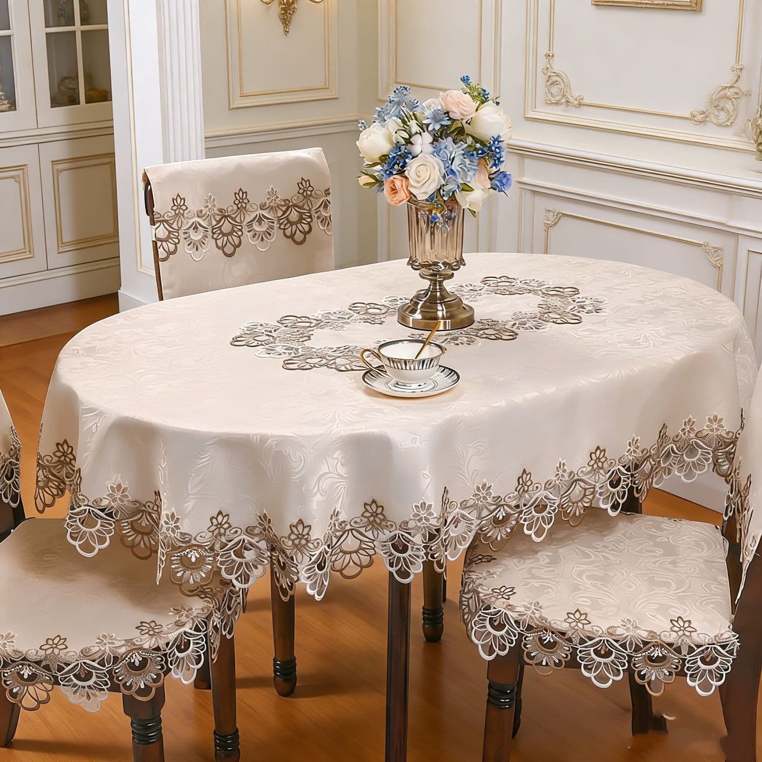Oval Lace Tablecloth European American Style Fabric Coffee Table Dining Chair Cover White Polyester Tablecloth Set