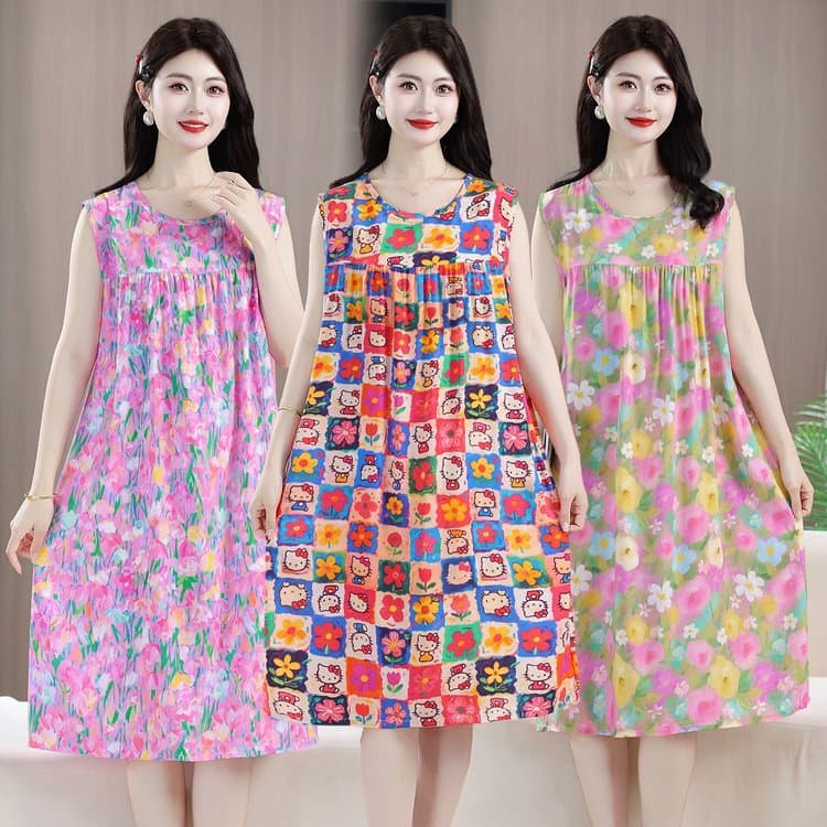 Summer Cotton Silk Sleep Dress Women Thin Rayon Cotton Pure Cotton Sleeveless Korean Loose Plus Size Homewear Pajama Vest Dress