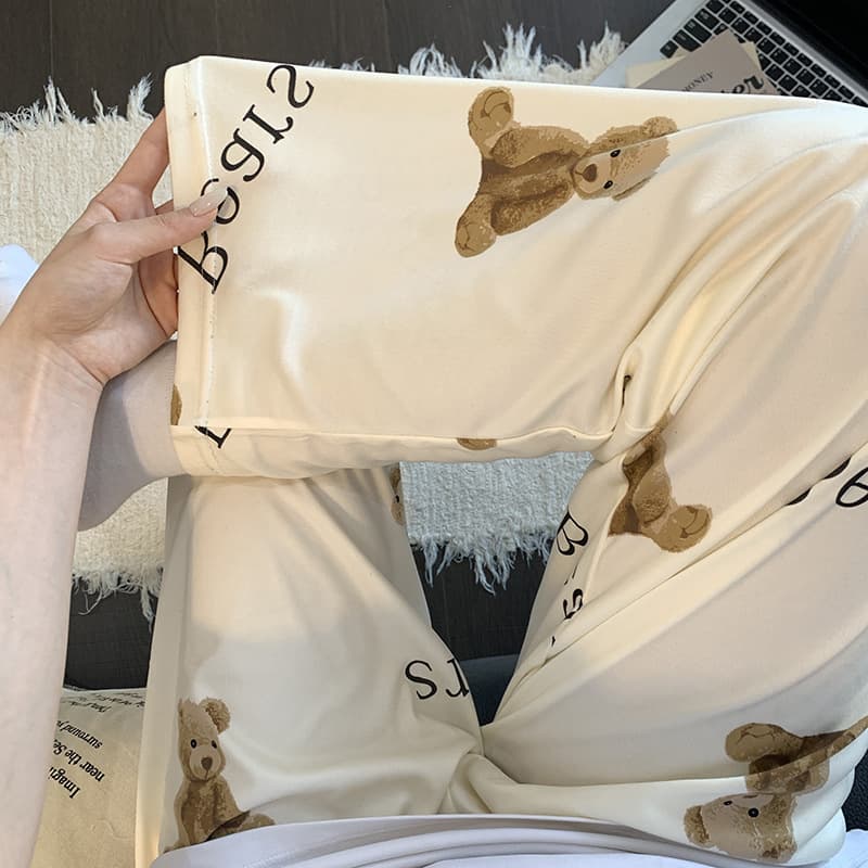 Korean Cartoon Bear Print Sleep Pants for Women Spring Autumn New Style Casual Plus Size Home Lounge Pants Cotton-like Fabric