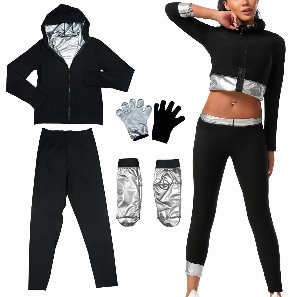 Plus Size Women's Yoga Sauna Sweat Suit Long Sleeve Zipper Slimming Running Fitness Sportswear Shapewear Set