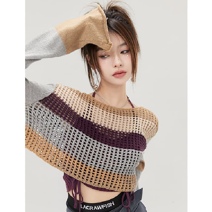 LACRAWFISH Summer New Sexy Mesh Hollow Stripe Knit Top Halter Neck Camisole Two-Piece Set