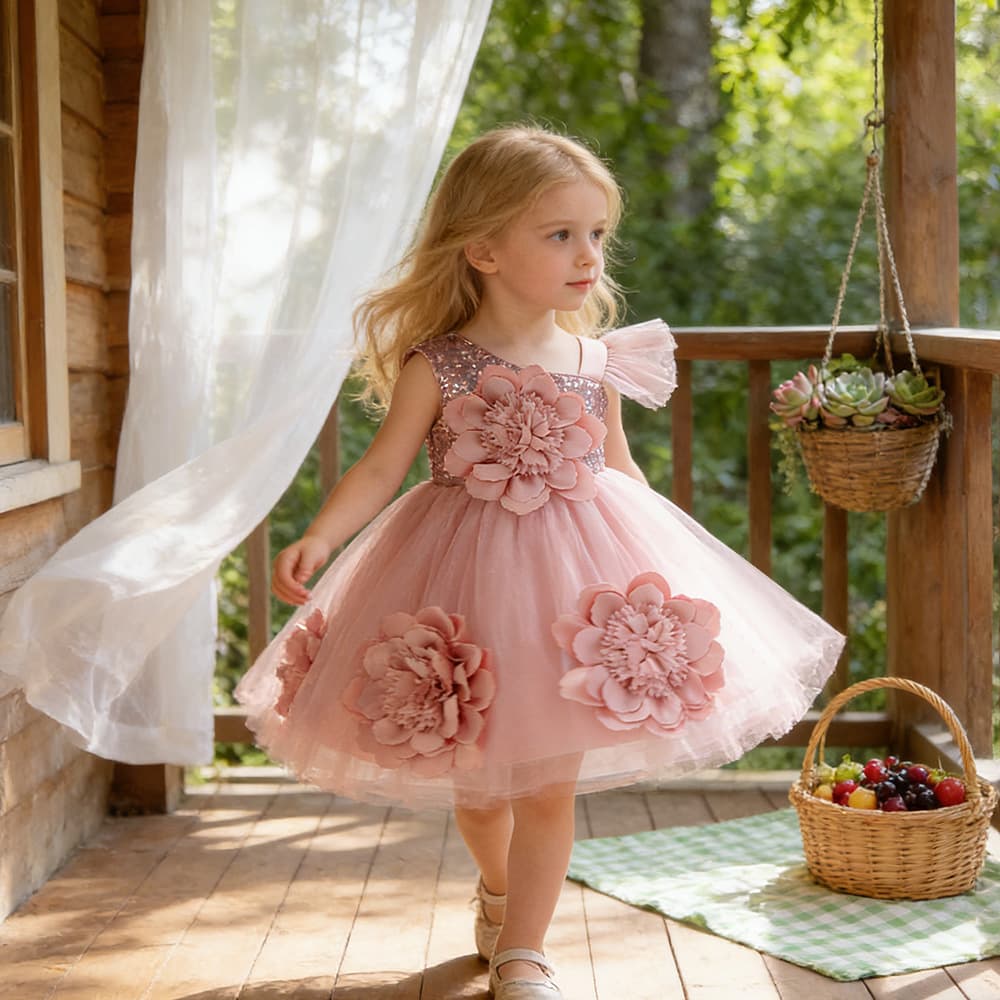 Cross-Border Ready-Made Children's Dress Ball Flower Solid Color Wedding Princess Dress Piano Performance Dress Girl Baby Dress