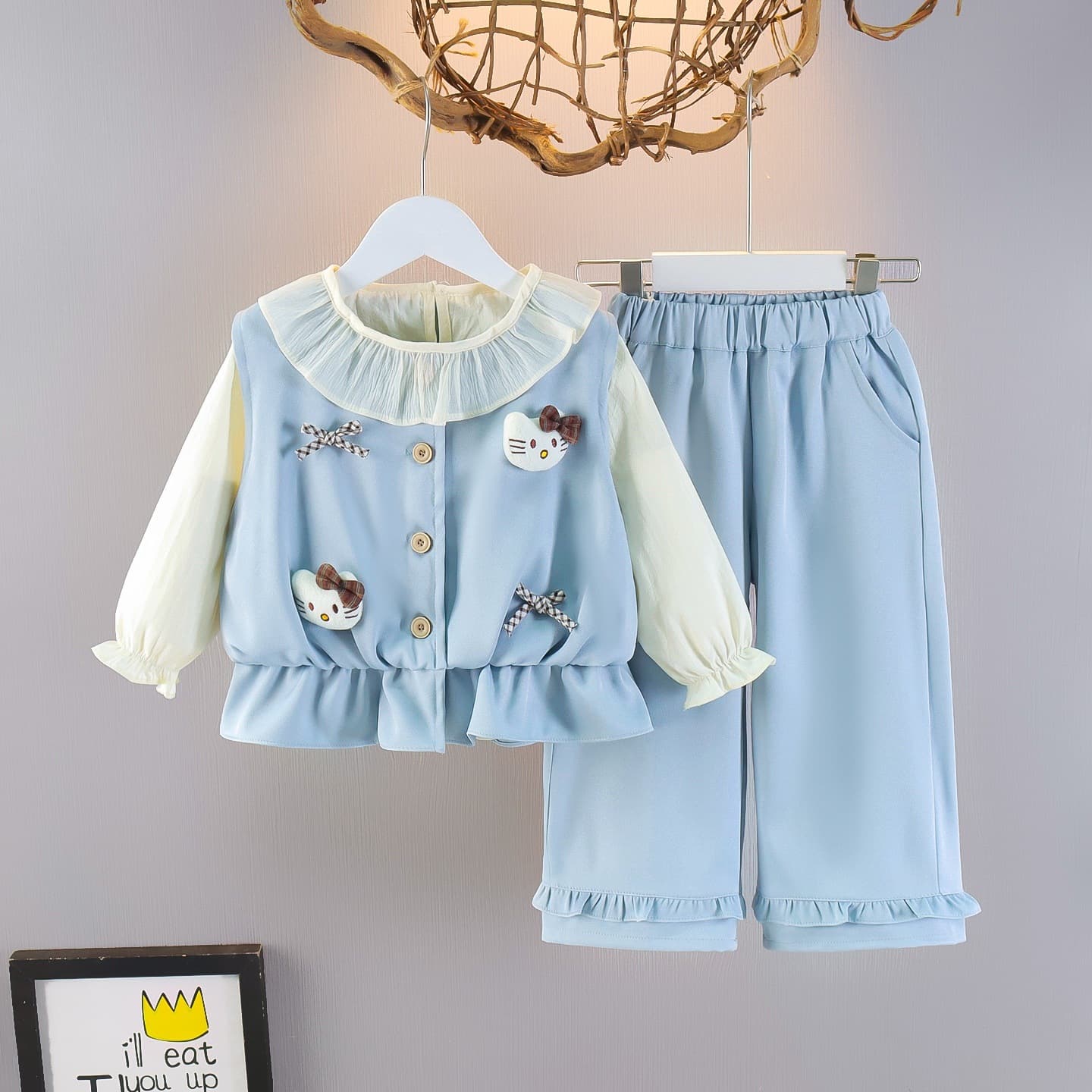 Children's Clothing Girls Cartoon Cat Doll Vest Three-piece Spring Clothes 2026 New Fashionable Thin Suit for Girls
