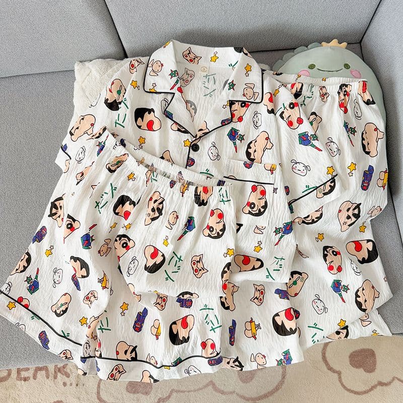 Summer pajamas for men, cloud cotton short-sleeved shorts, cardigan, cartoon print, wearable trousers, home clothes three-piece suit