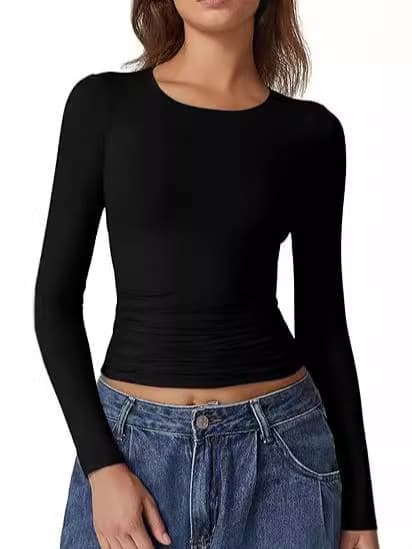 Cross-border Europe and America Autumn T-shirt Round Neck Long Sleeve Crop Top Milk Silk Base Layer Women's High-end Feel