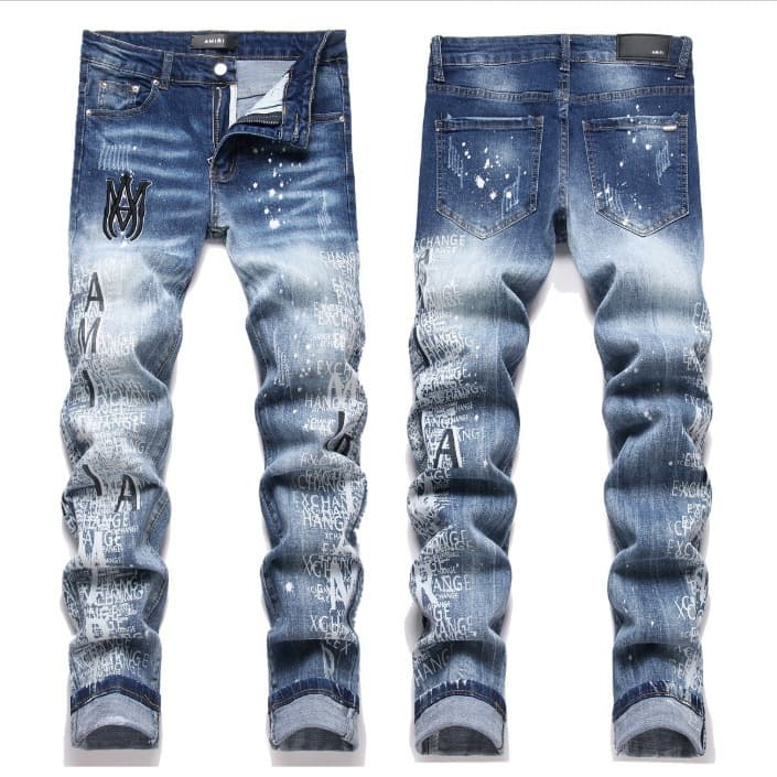 2025 Cross-Border Supply Export to Europe and America Blue Letter Jeans Printed Embroidered Slim Fit Men's Jeans