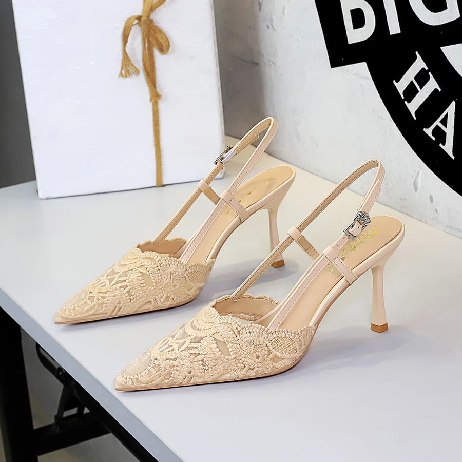 8718-A9 French Chic Stiletto Heels for Women, Elegant Lace Mesh Pointed Toe with Ankle Strap