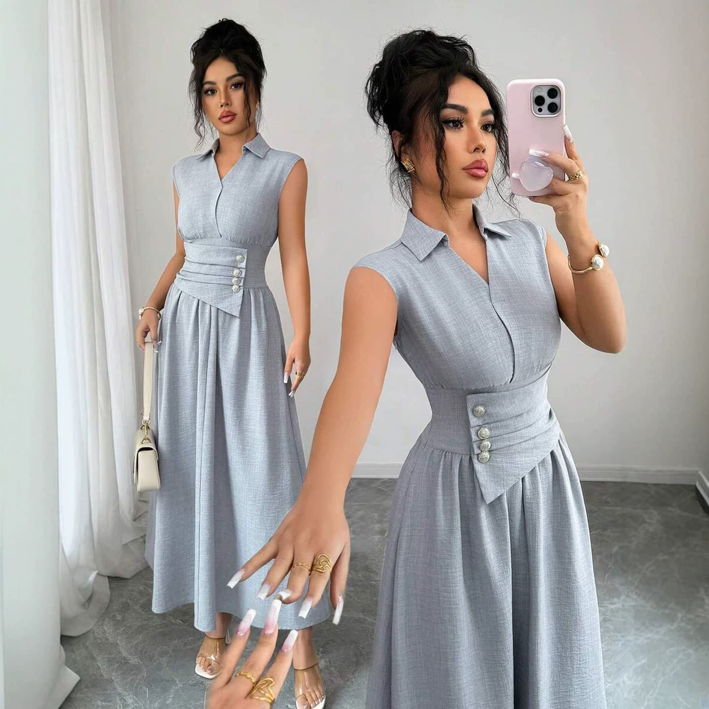 2026 European and American cross-border summer new style lapel sleeveless waist waist long skirt temperament commuting light gray jumpsuit