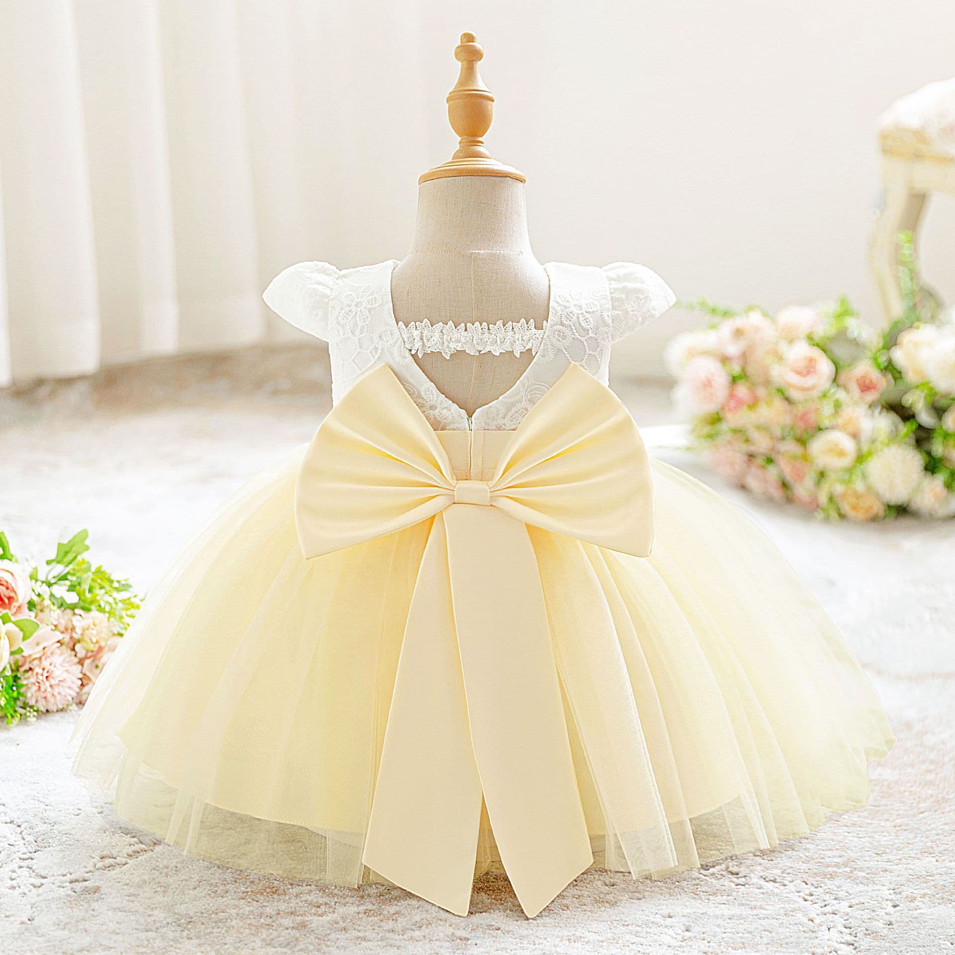 Cross-border First Birthday Dress Children's Princess Tutu Bow Flower Girl Dress Little Girl Performance Costume