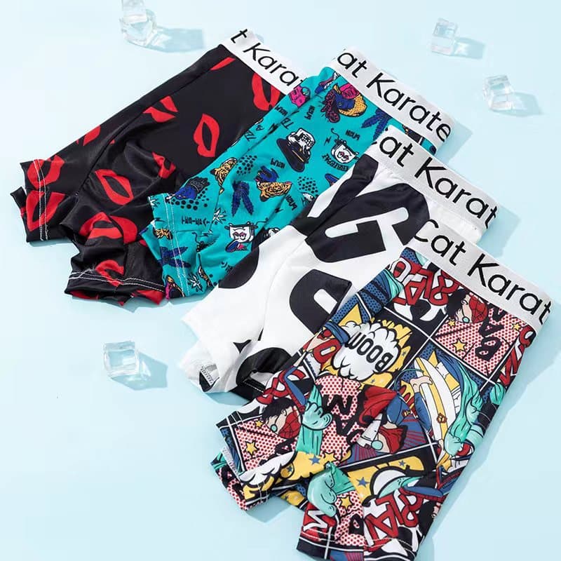 New summer style men's ice silk boxer briefs, plus size, cartoon print shorts, factory direct supply.