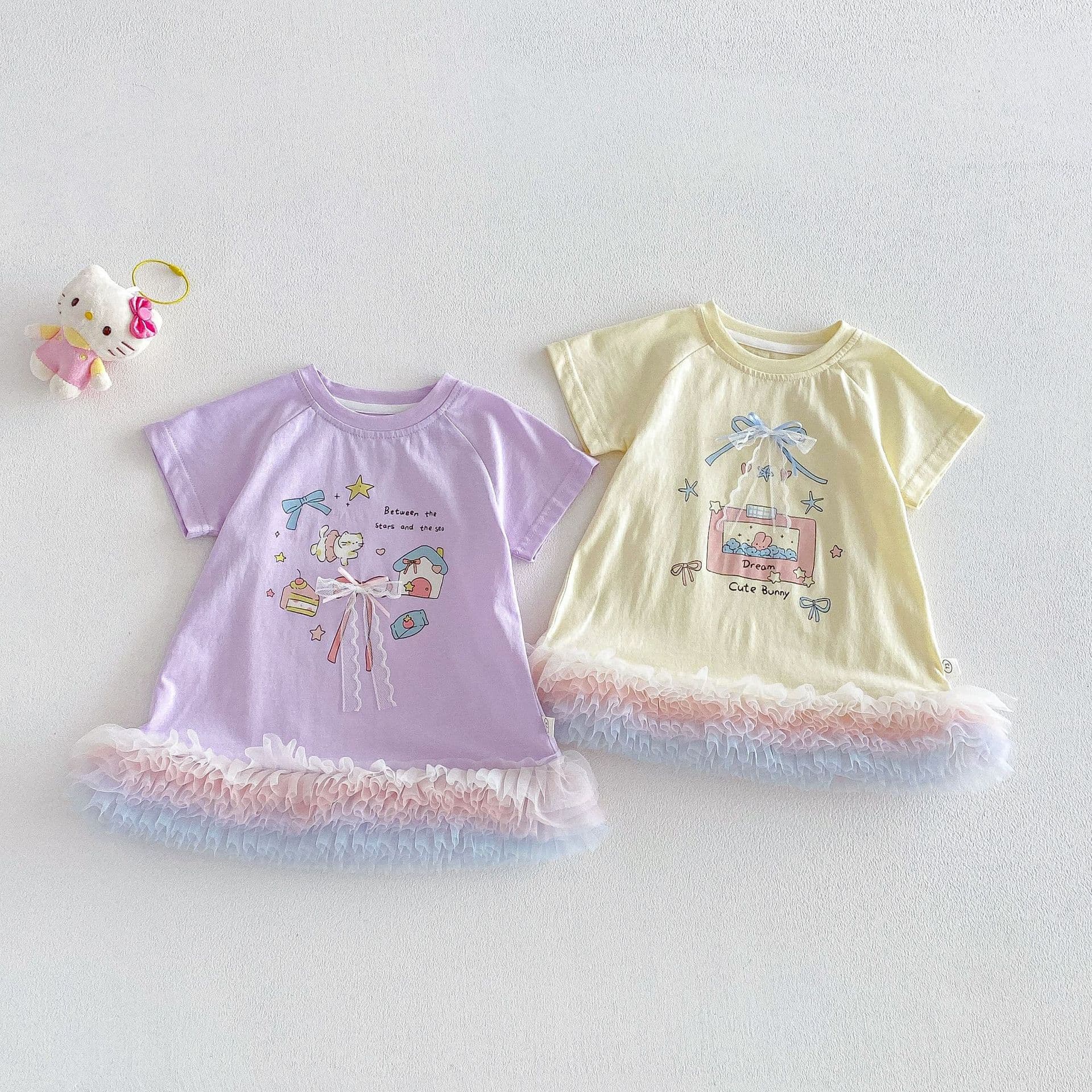 Girls Cartoon Mesh Skirt 2026 New Summer Baby Korean Print Bow T-Shirt Dress Children's Dress