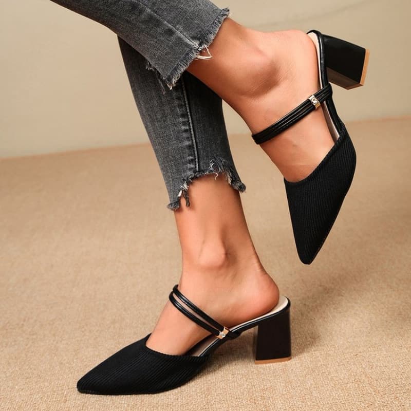 Baotou Half Slippers Women Summer New Style Two-Way Pointed Toe Chunky Heel Sandals Versatile Knitted Fashion Outdoor Slippers Women Trend