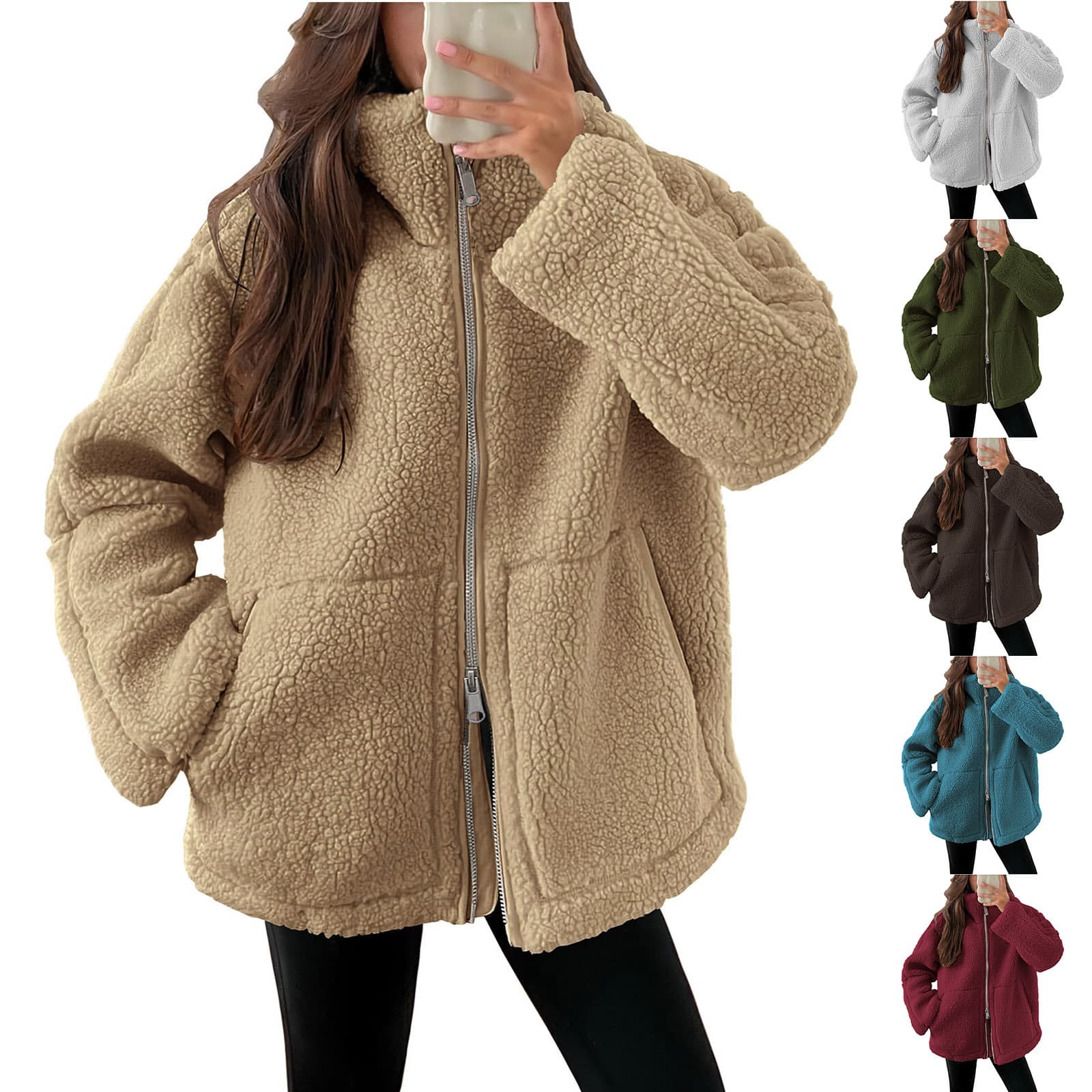 Amazon Ebay Cross-Border European and American Autumn and Winter New Women's Solid Color Lamb Wool High-Neck Woolen Coat in Stock