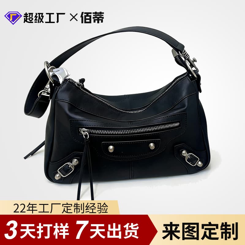 Custom Full-Grain Vegetable-Tanned Leather Motorcycle Bag New Cross-Border European and American Trend Rivet Niche Shoulder Underarm Bag