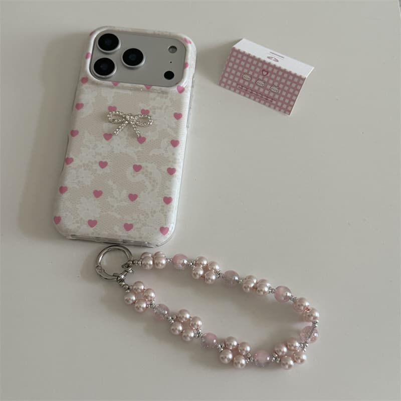 Premium Lace Pink Heart 3D Bow Compatible with iPhone 17 Apple 16 Pro Max / 15 Pro Phone Case