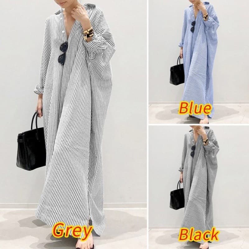 Cross-border 2025 Southeast Asia AliExpress New Cotton Linen Striped Cardigan Loose Plus Size Elegant Commute Dress for Women