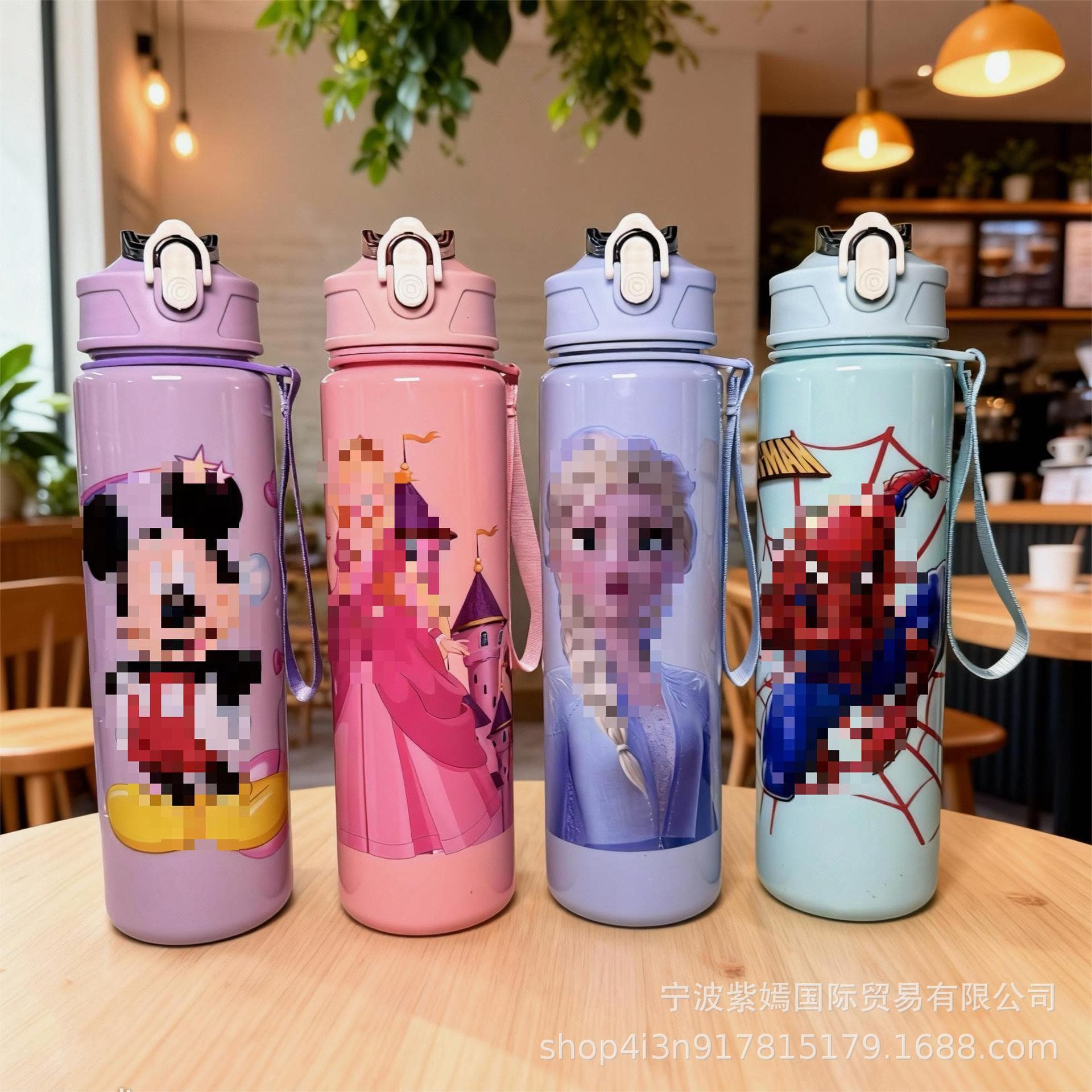 750 cross-border children's cartoon Elsa Mickey straw resistant to fall and high temperature outdoor portable plastic water cup with pop-up lid