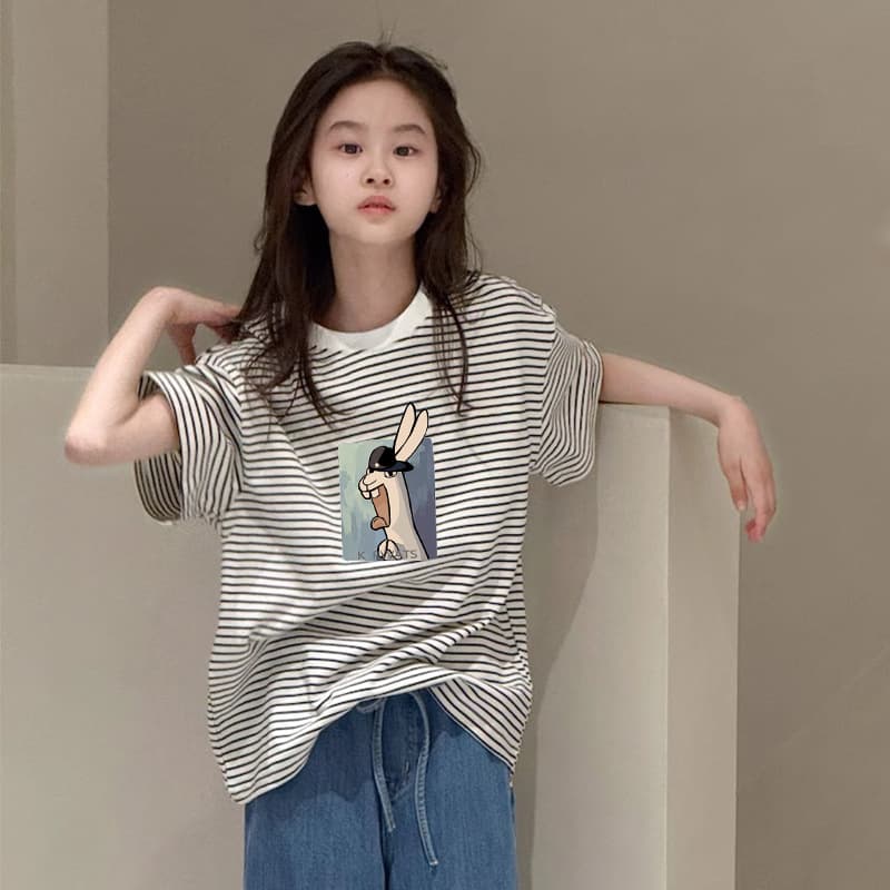Korean Style Loose Girl's Stylish Pure Cotton Striped Short-Sleeved T-Shirt Summer Medium and Large Children's 6-12 Casual Versatile Tops