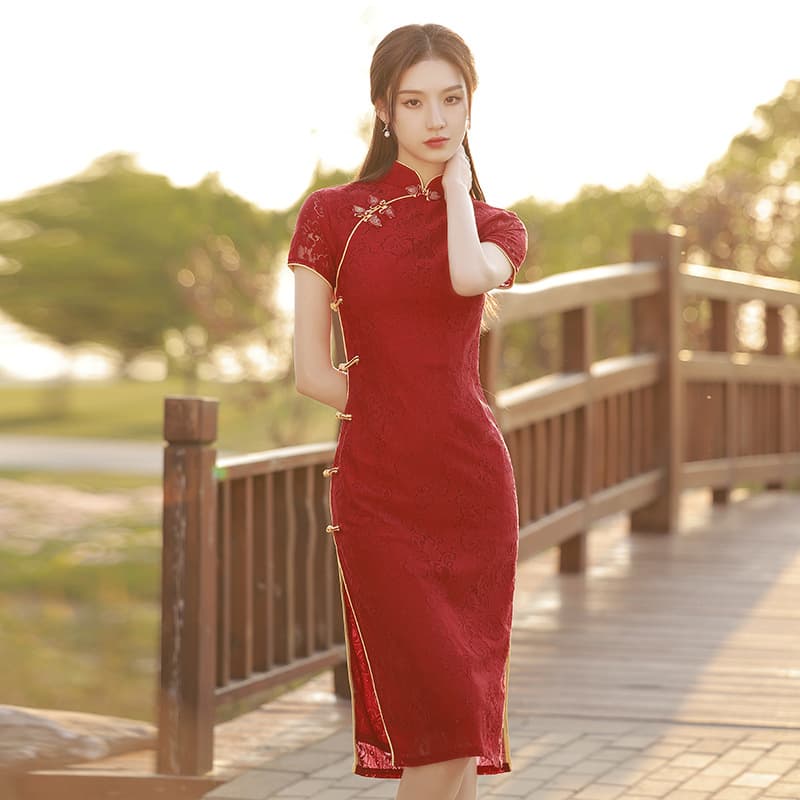 Red Cheongsam 2025 New Style Young Modified Dress for Women Summer Toast Dress Engagement Lace Daily