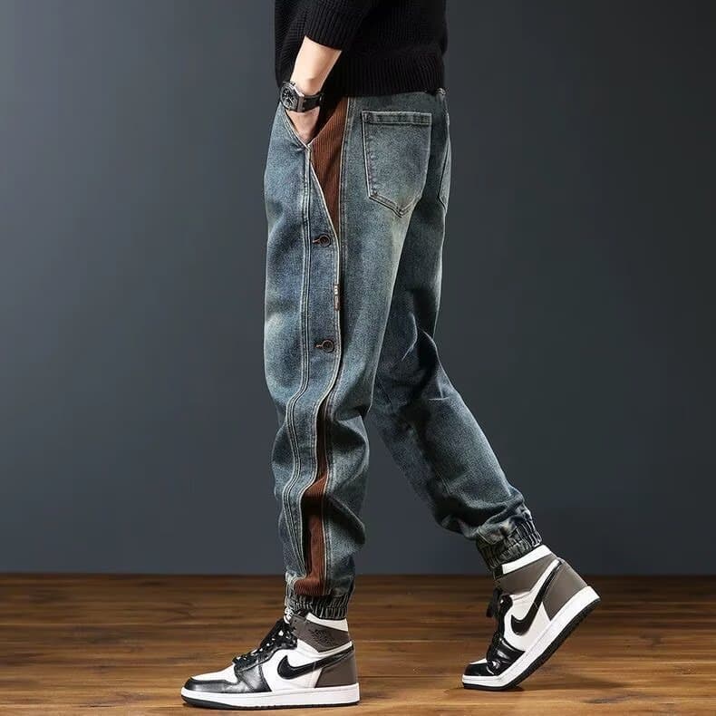 American Style Loose Casual Men's Jeans Autumn New Splicing Spring Autumn Trendy Brand Cuffed Loose Fit Men's Denim Pants