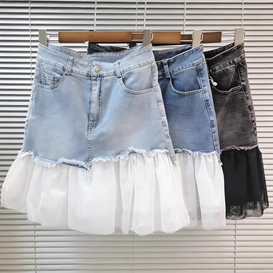 2026 New Design High-Waist Denim Skirt with Hip-Hugging Tulle Patchwork Irregular Fluffy Half Skirt