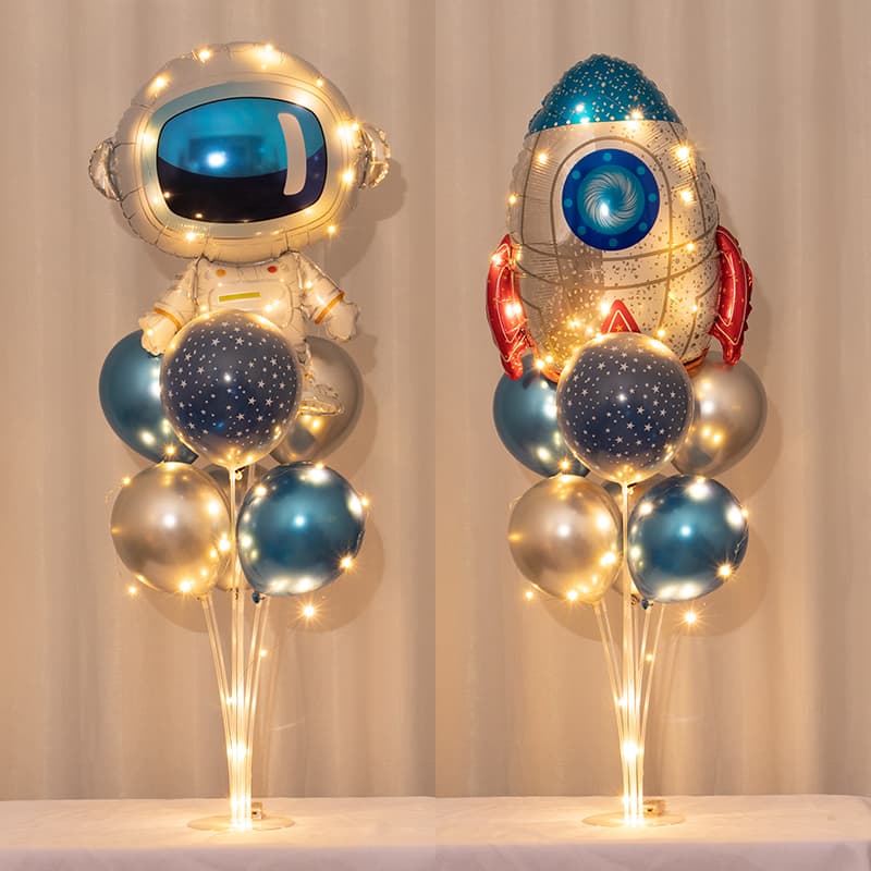 Boys First Birthday Party Decorations Glowing Space Astronaut Theme Balloon Stakes Table Top Floating Balloons Scene Setup